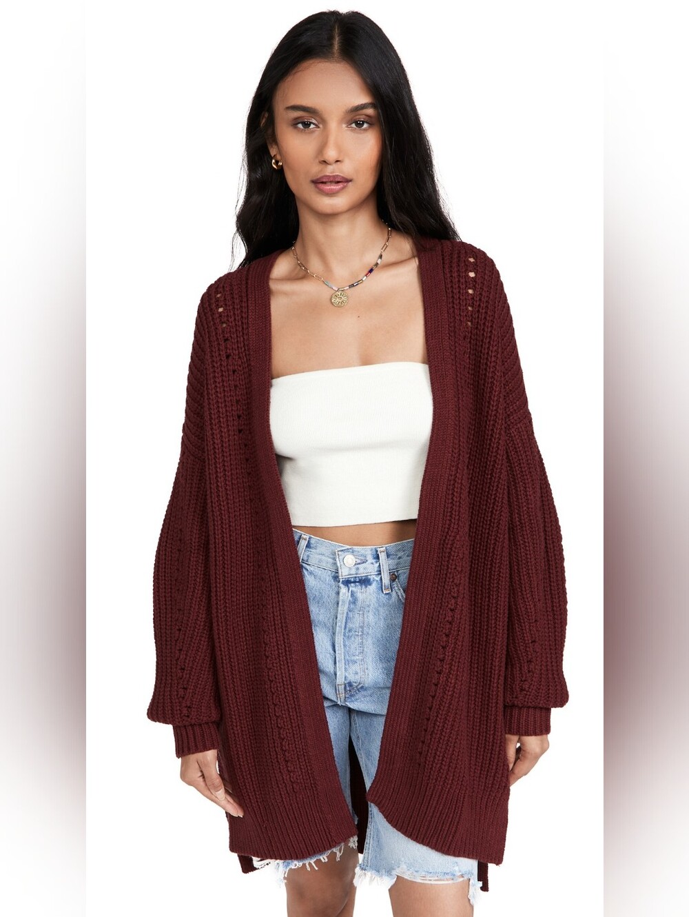 Free People Nightingale Cardigan Cabernet Burgundy Oversized Knit Sweater M